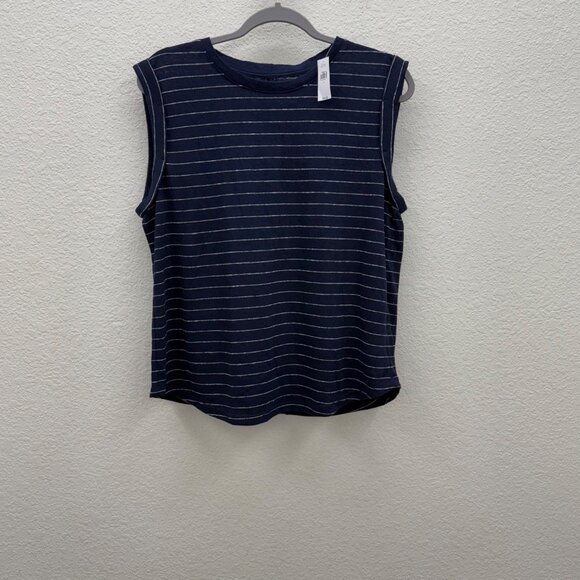 Gap Navy Blue White Stripe Linen Blend Sleeveless Tank Top Shirt Women Large NEW - Picture 1 of 8